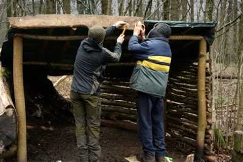 Building a Bushcraft Shelter: Walls, Bench, Meat Smoker: Cast Iron Cooking