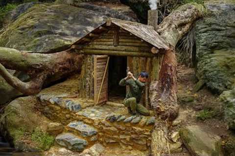 Building a Warm Bushcraft Shelter Under a Fallen Tree for Survival | Secret Cabin, Catch &amp; Cook