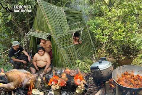 Building Primitive Beautiful Wild Bamboo House in Jungle Modern Survival Bushcraft Cooking Chicken
