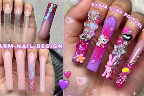 PURPLE &amp; PINK POLYGEL FREESTYLE✨ CHARM NAIL DESIGN &amp; EXTRA LONG POLYGEL NAILS | Nail..