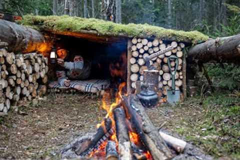 Built a secret shelter near fallen trees. Bushcraft in the wild forest. Survival skills in the wild!