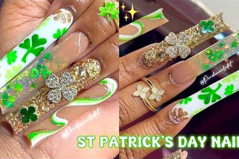✨ LUXURY ST PATRICK’S DAY NAILS 🍀💚✨ HOW TO HAND DRAW CLOVERS 🍀 FULL ACRYLIC NAIL TUTORIAL