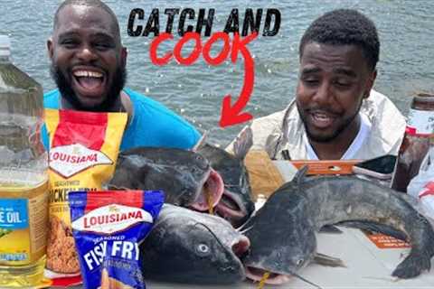 Blue Catfish Catch Clean and Cook!!! (Bank Fishing)