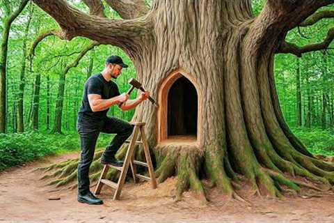 Building Complete and Warm Survival Shelter Inside a Giant Tree - Full Video