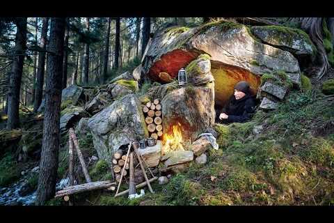 Building a Bushcraft Survival Shelter in a Rocky Cave | Winter Camping | ASMR