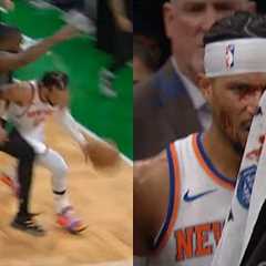 Jalen Brunson hits Jaylen Brown in nuts then Josh Hart splits head open 😬