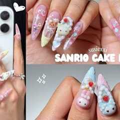 do sanrio cake nails w me 🎂🩵 nail tutorial, gel nail extensions, handmade charms 💭