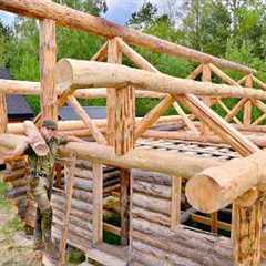 I Alone Building a Log Cabin Massive Porch Overhang and ROOF in the Forest