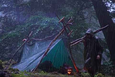 Solo Camping in Extreme Rainstorm | Survival Skills in the Wild Forest
