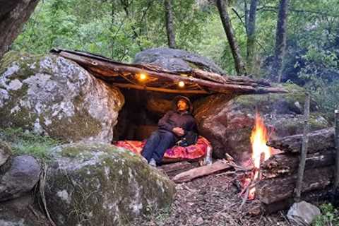 Bushcraft camping, building a survival shelter in the wilderness