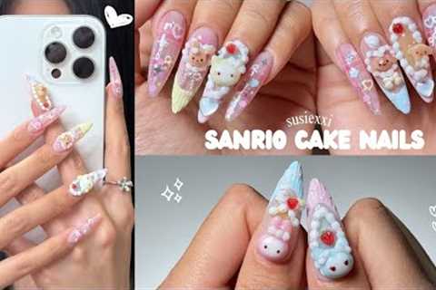do sanrio cake nails w me 🎂🩵 nail tutorial, gel nail extensions, handmade charms 💭