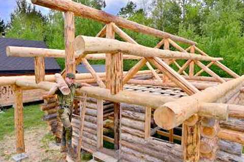 I Alone Building a Log Cabin Massive Porch Overhang and ROOF in the Forest