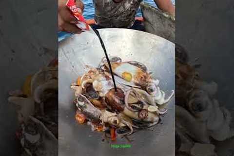 Gigantic Squid Feast: Catching a Massive Amount of Sea Squids &amp; Cooking Them Fresh on a Boat!..