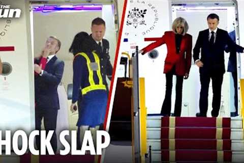 Bizarre moment Emmanuel Macron is SHOVED by wife Brigitte while ‘bickering’ as they got off plane