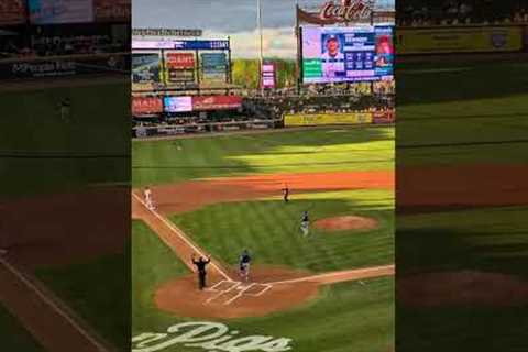 Base runner hit by batted ball! #ironpigs #baseball #baserunner #hesout