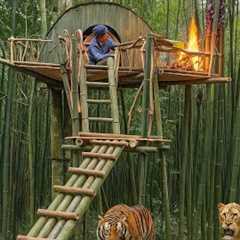 High Bamboo Survival Shelter with Campfire Safe from Wild Animals