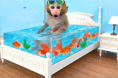 Monkey Baby Bon Bon Goes Fishing and Swims with Ducklings in the Pool