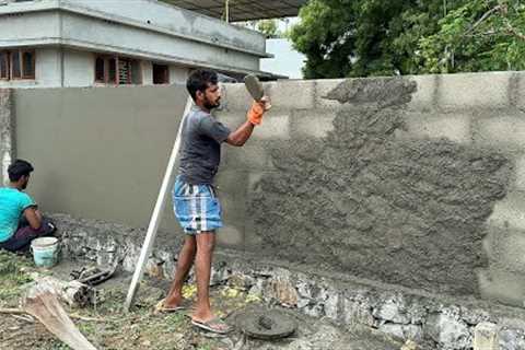 Holllowblock Wall Plastering Technique_Compoundwall Construction|Wall Plastering Method