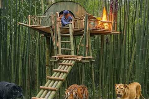 High Bamboo Survival Shelter with Campfire Safe from Wild Animals