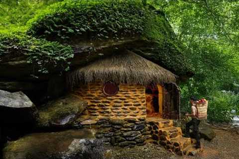 I Built a Bushcraft Survival House Under a Giant Rock Cave| Primitive Villa