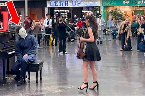 Michael Myers interrupted by Cat Woman at the airport. Shocked crowd!