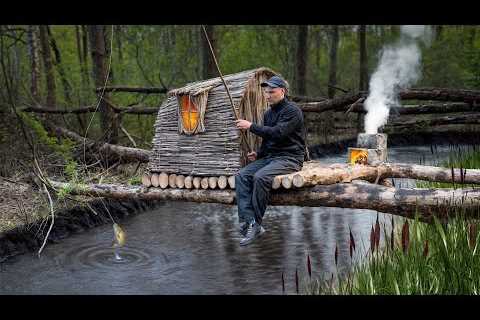 Building a Bushcraft Survival Shelter Over Water | Catch &amp; Cook in the Wild
