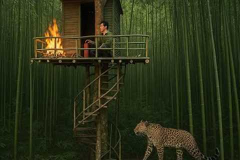 High Survival Shelter with Spiral Stairs and a Fireproof Hanging Stove