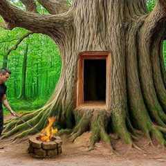 10 Days Solo Bushcraft, Survival & Building a Warm Shelter in a Giant Tree Trunk