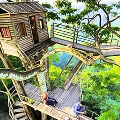 Built a Multi Level Treehouse with Firepit to Survive in the Jungle Safe from Ground Dangers