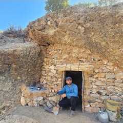 Building a Clay and Stone Survival Shelter with fireplace  in an Old Cave . one Night Solo Survial