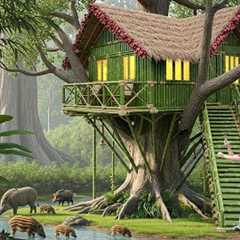 Building a Bamboo Shelter in a Hollow Tree  - Survival Skills to Avoid Wild Animals