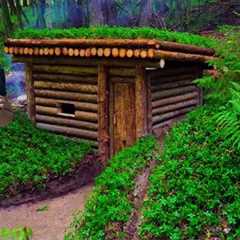 The girl Build Survival House. Log Cabin, Hunt Wild Chickens - Bushcraft Skills in Heavy Rain