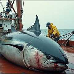 Long line tuna fishing journey in the middle of the ocean, Fishermen catch giant tuna on the boat!