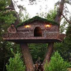 BUSHCRAFT TREEHOUSE - Building a Shelter in the Rainy Forest - Solo Camping in the Wilderness
