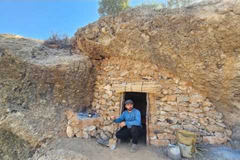 Building a Clay and Stone Survival Shelter with fireplace  in an Old Cave . one Night Solo Survial