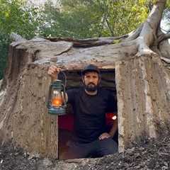 Building a Warm Secret Shelter Under a Fallen Tree | Bushcraft & Survival