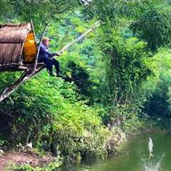 Building a Treehouse Shelter | Lake Fishing & Overnight Survival