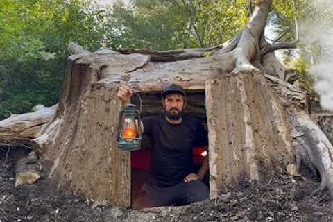 Building a Warm Secret Shelter Under a Fallen Tree | Bushcraft &amp; Survival