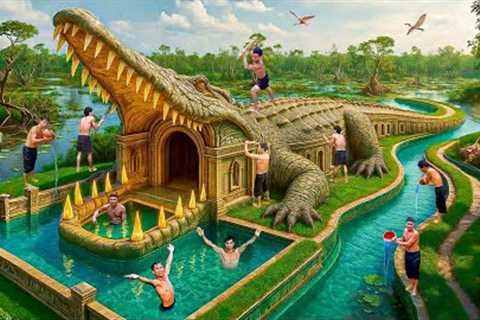 200 Days Building an Underground Crocodile Pool with a Magical Slide System Using Primitive Tools