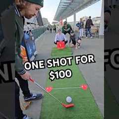 One shot for $100 in the Bucketgolf street golf hole in one shot challenge
