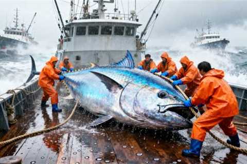 Processing Giant Tuna - How fishermen catch and process 1000kg bluefin tuna at sea - documentary