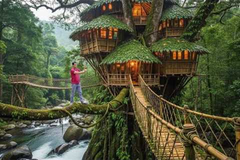Building a Hidden Bamboo House - Jungle Survival Skills - Setting Traps to Find Food