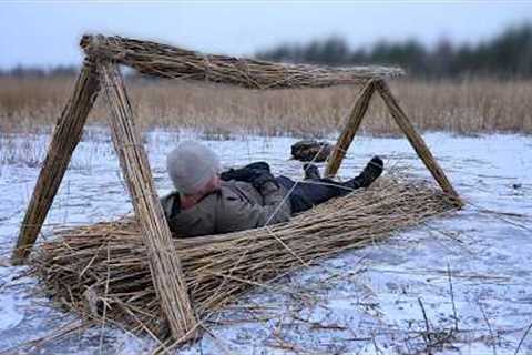 Winter Survival Challenge: Building a Shelter For a Freezing Night, No Sleeping Bag