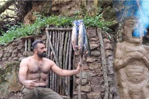 Building a stone shelter in the forest, fishing, survival skills, Titan skills 