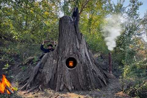 Building a Secret Shelter Inside a Giant Tree | Bushcraft &amp; Survival Skills