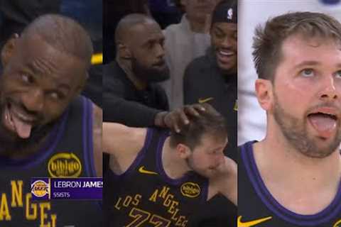 LeBron James and Luka Doncic having so much fun in LeBron's first game this season 😂