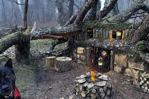 30 Days SOLO SURVIVAL CAMPING In RAIN; Building Warm BUSHCRAFT SHELTERS - Fishing. FULL VIDEO