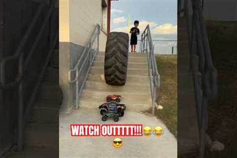 $1200 RC’s vs REAL MONSTER TRUCK TIRE!! WILL THEY SURVIVE?? 🤯🚨#rc  #rccars #rcmonstertruck #shorts