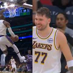 LeBron James reverse dunk then Luka Doncic blocks DeMar DeRozan 🔥