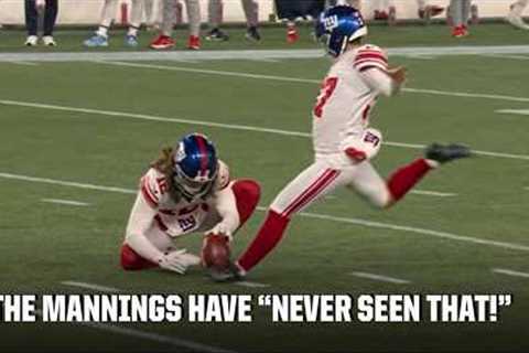 'NEVER SEEN THAT' 😬 Peyton, Eli &amp; Danny DeVito can't believe Younghoe Koo's FG attempt |..